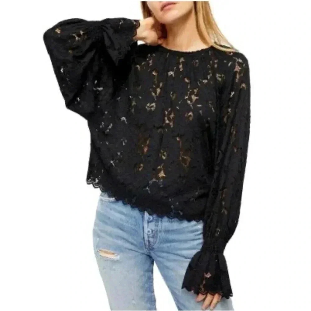 Free‎ People Olivia Women's Lace Puffed Long Sleeves Top Size Small